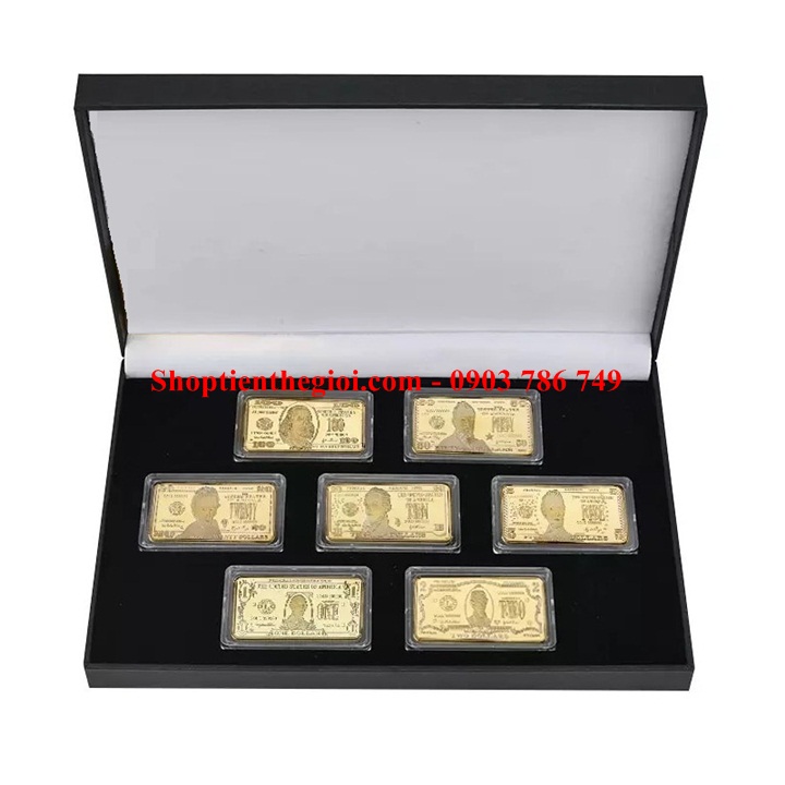 Hộp quà tặng medal vàng 7 mệnh giá 1-100 dollars Mỹ - SP005333